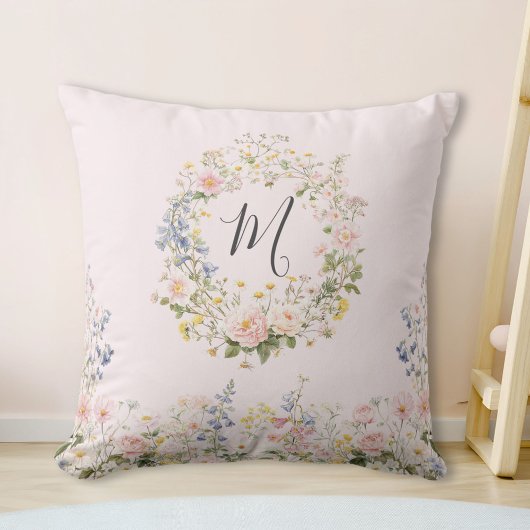 Monogram Waterverf Roze Blauwe Bloemen Bloemstuk Kussen