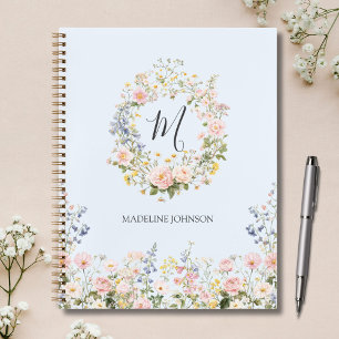 Monogram Waterverf Roze Blauwe Bloemen Bloemstuk  Notitieboek