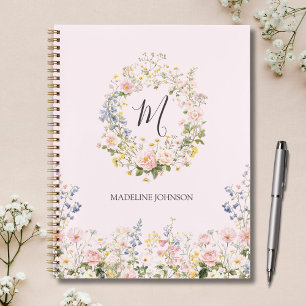 Monogram Waterverf Roze Blauwe Bloemen Bloemstuk Notitieboek