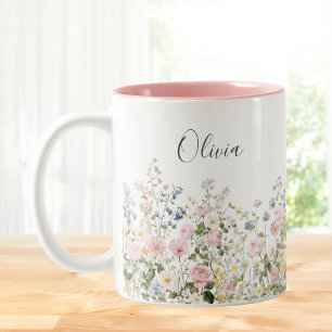 Monogram Waterverf Roze Blauwe Bloemen Bloemstuk  Tweekleurige Koffiemok