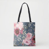 Monogram Waterverf Roze Bourgondië Modern Floral Tote Bag (Voorkant)