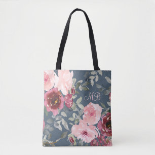 Monogram Waterverf Roze Bourgondië Modern Floral Tote Bag