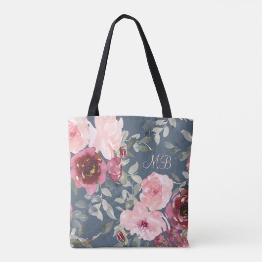 Monogram Waterverf Roze Bourgondië Modern Floral Tote Bag (Achterkant)