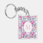 Monogram Waterverf Roze Floral Sleutelhanger (Voorkant Links)