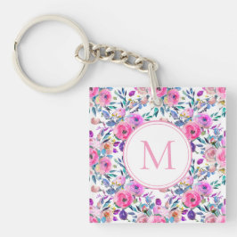 Monogram Waterverf Roze Floral Sleutelhanger