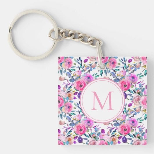Monogram Waterverf Roze Floral Sleutelhanger (Voorkant)