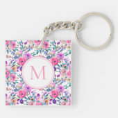 Monogram Waterverf Roze Floral Sleutelhanger (Achterkant)