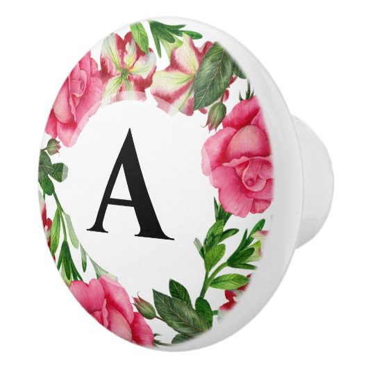 Monogram Waterverf Roze Floral Wreator Painting Keramische Knop (Rechts)