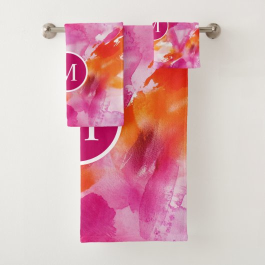 Monogram Waterverf Roze Oranje Abstract Bad Handdoek (Insitu)