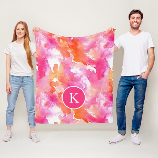 Monogram Waterverf Roze Oranje Abstract Fleece Deken (In situ)