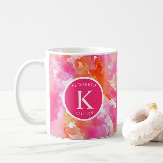 Monogram Waterverf Roze Oranje Abstract Koffiemok (Met donut)