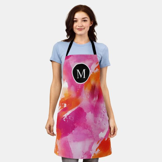 Monogram Waterverf Roze Oranje Abstract Schort (Gedragen)