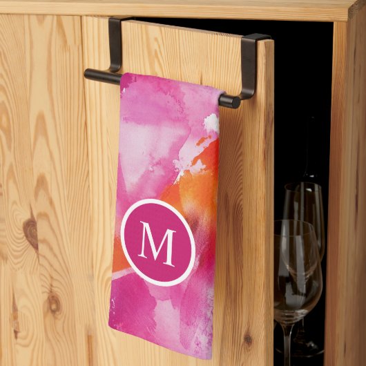 Monogram Waterverf Roze Oranje Abstract Theedoek (Derde Gevouwen)