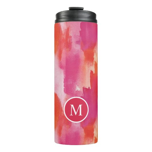 Monogram Waterverf Roze Oranje Abstract Thermosbeker (Voorkant)