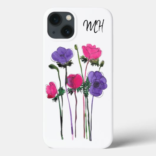 Monogram Waterverf Roze Paarse Floral Case-Mate iPhone Case (Achterkant)