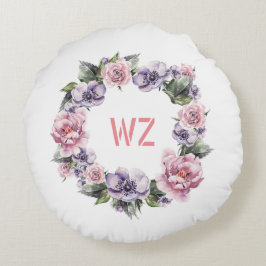 Monogram Waterverf Roze Paarse klier van Bloem Rond Kussen
