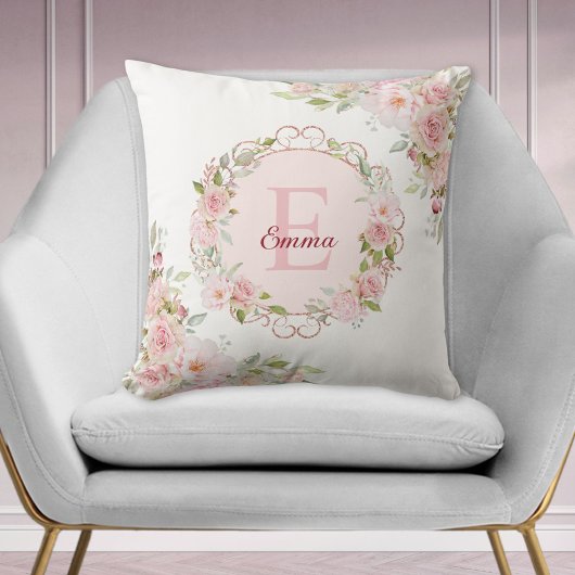 Monogram Waterverf Roze Rozen Bloemen Bloemig Kussen