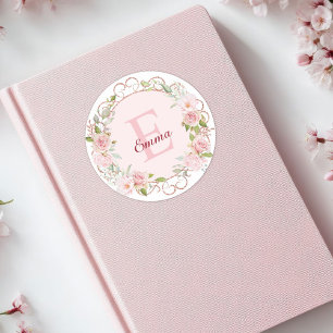 Monogram Waterverf Roze Rozen Bloemen Bloemig Ronde Sticker