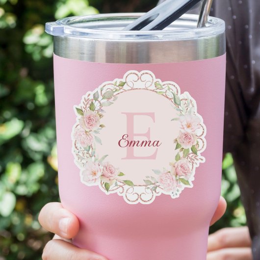 Monogram Waterverf Roze Rozen Bloemen Bloemig Sticker