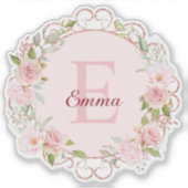 Monogram Waterverf Roze Rozen Bloemen Bloemig Sticker (Voorkant)