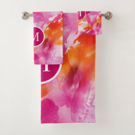 Monogram Waterverf Roze Sinaasappel Abstract Bad Handdoek