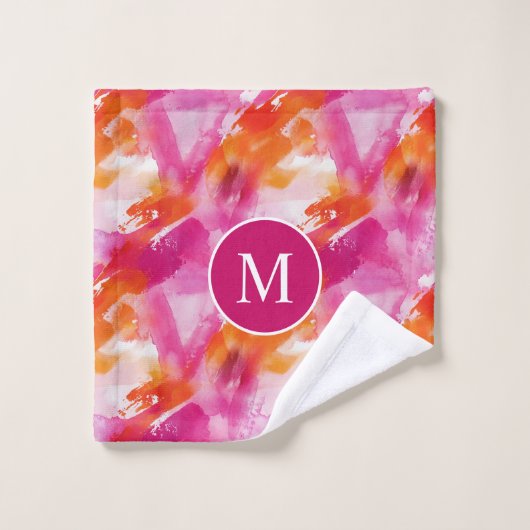 Monogram Waterverf Roze Sinaasappel Abstract Bad Handdoek (Wasdoekje)