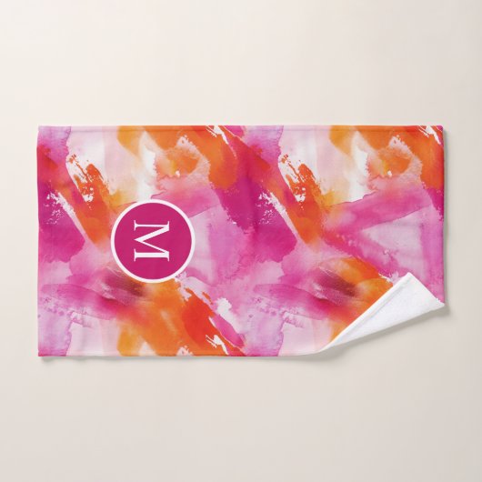 Monogram Waterverf Roze Sinaasappel Abstract Bad Handdoek (Handdoek)