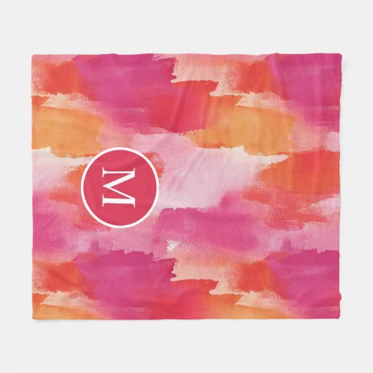 Monogram Waterverf Roze Sinaasappel Abstract Fleece Deken (Voorkant (Horizontaal))