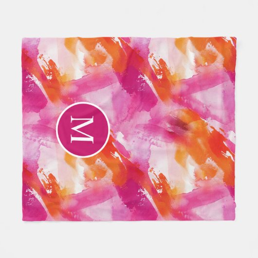 Monogram Waterverf Roze Sinaasappel Abstract Fleece Deken (Voorkant (Horizontaal))