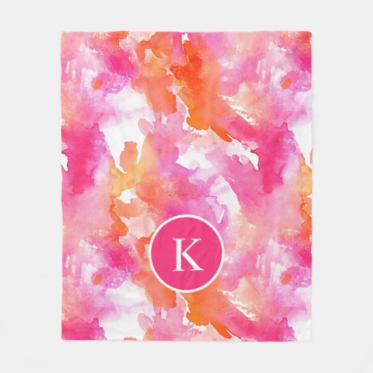 Monogram Waterverf Roze Sinaasappel Abstract Fleece Deken (Voorkant)