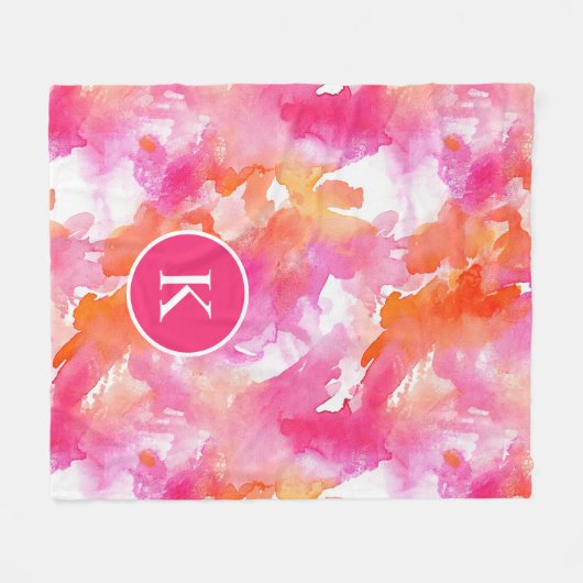 Monogram Waterverf Roze Sinaasappel Abstract Fleece Deken (Voorkant (Horizontaal))