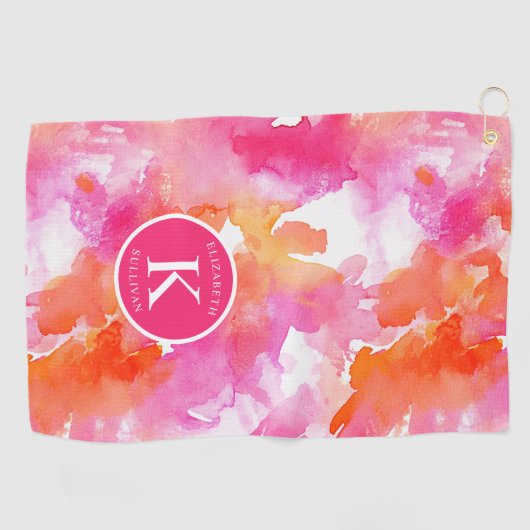 Monogram Waterverf Roze Sinaasappel Abstract Golfhanddoek (Horizontaal)