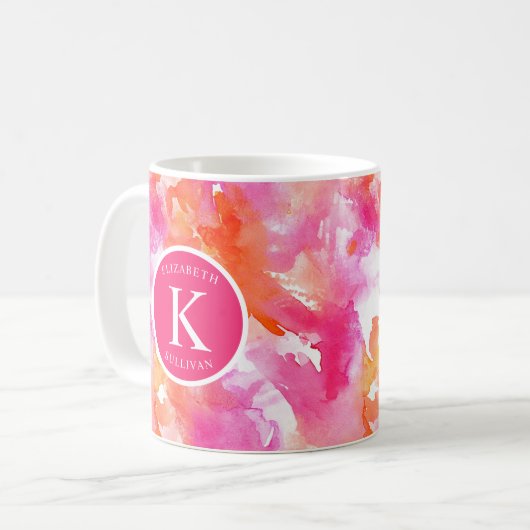 Monogram Waterverf Roze Sinaasappel Abstract Koffiemok (Voorkant links)