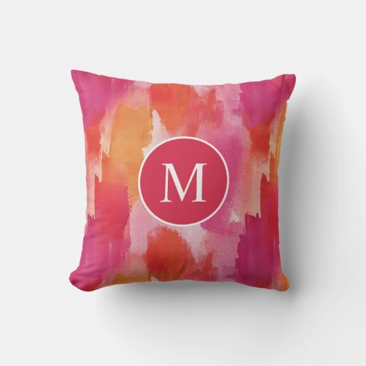 Monogram Waterverf Roze Sinaasappel Abstract Kussen (Voorkant)