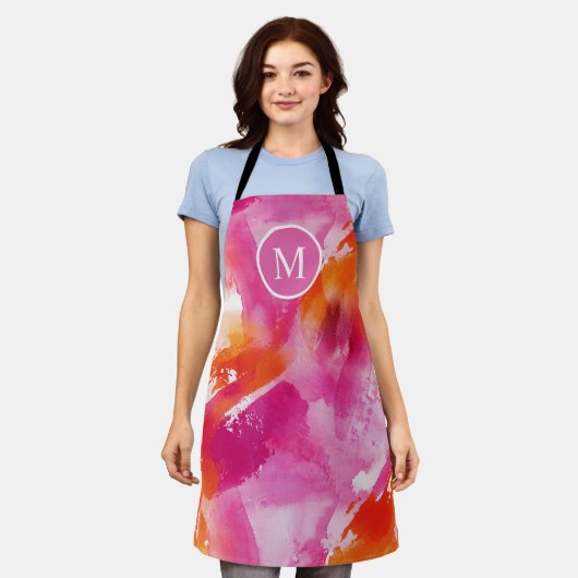 Monogram Waterverf Roze Sinaasappel Abstract Schort (Gedragen)