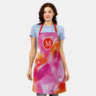 Monogram Waterverf Roze Sinaasappel Abstract Schort