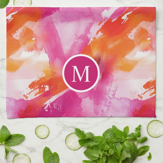 Monogram Waterverf Roze Sinaasappel Abstract Theedoek (Gevouwen)