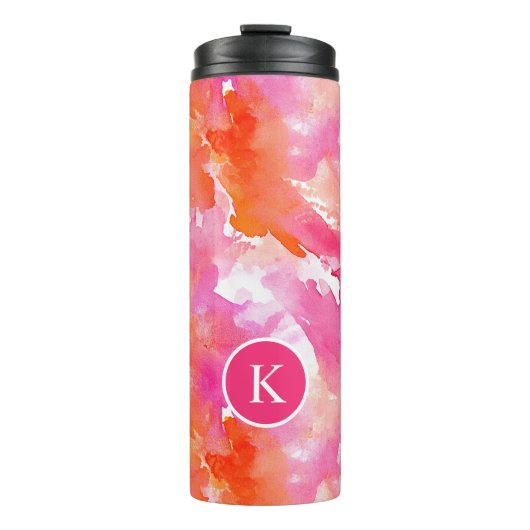 Monogram Waterverf Roze Sinaasappel Abstract Thermosbeker (Voorkant)