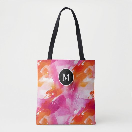 Monogram Waterverf Roze Sinaasappel Abstract Tote Bag (Voorkant)