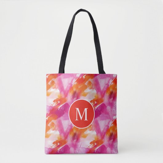 Monogram Waterverf Roze Sinaasappel Abstract Tote Bag (Voorkant)