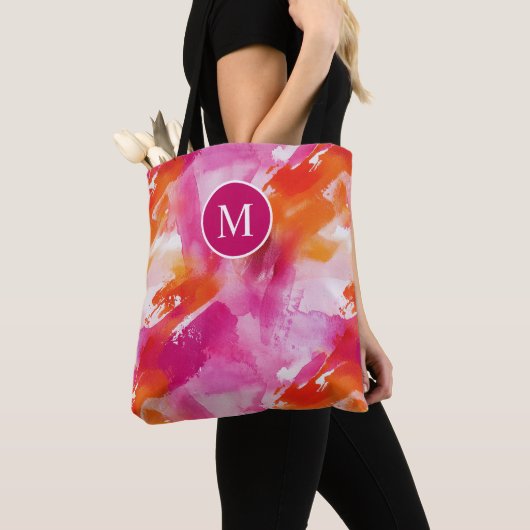 Monogram Waterverf Roze Sinaasappel Abstract Tote Bag (Dichtbij)