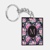 Monogram Waterverf Roze Zwart Bloemen Sleutelhange Sleutelhanger (Voorkant Links)
