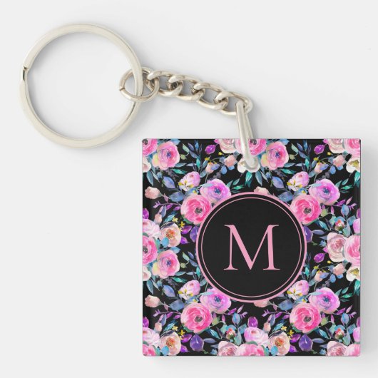 Monogram Waterverf Roze Zwart Bloemen Sleutelhange Sleutelhanger (Voorkant)