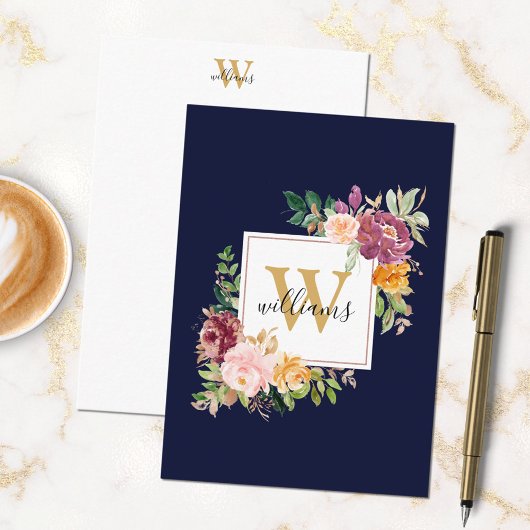 Monogram Waterverf Rozen Gouden Bloem Notitiekaartje