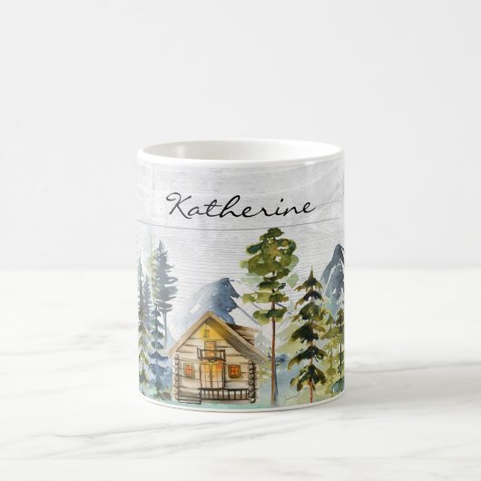 Monogram Waterverf Rustic Forest Mountain Cabin Koffiemok (Center)