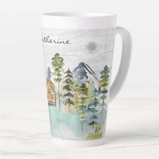 Monogram Waterverf Rustic Forest Mountain Cabin Latte Mok (Rechterhoek)
