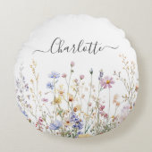 Monogram Waterverf Rustiek Wildflower Field Rond Kussen (Voorkant)
