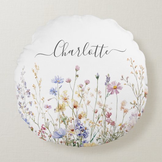 Monogram Waterverf Rustiek  Wildflower Field Rond Kussen (Voorkant)