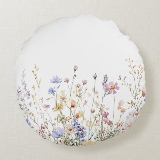 Monogram Waterverf Rustiek Wildflower Field Rond Kussen (Achterkant)