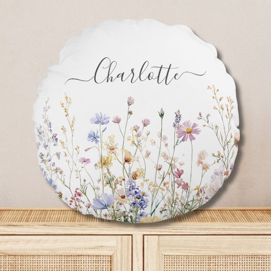 Monogram Waterverf Rustiek Wildflower Field Rond Kussen